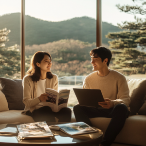 30대 신혼부부 집에서 쇼파에 앉아 서로 바라보며 웃는 모습