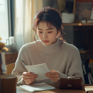 사회초년생이 첫 월급 활용 계획을 수립하는 모습