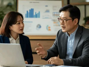 40대 부모 부양 가정의 재무 설계를 상담하는 모습