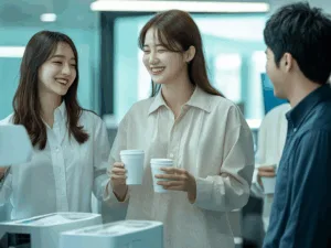 40대 싱글 여성이 사람들과 서서 대화하는 모습