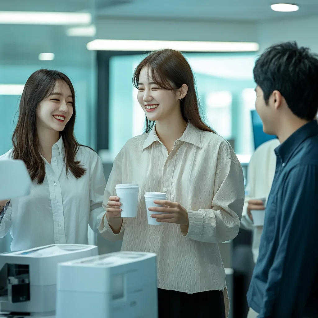 40대 싱글 여성이 사람들과 서서 대화하는 모습