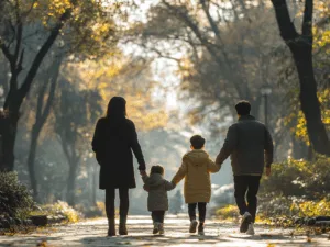 자녀 2명과 40대 부부가 산책하는 모습