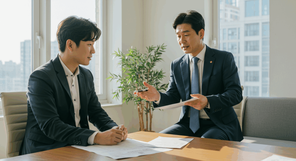 부동산 중개인에게 설명듣는 남성